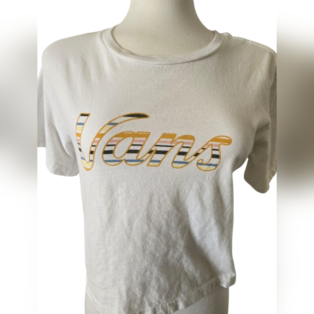 Vans White Tee with Gold and Blue Stripes  Size Small